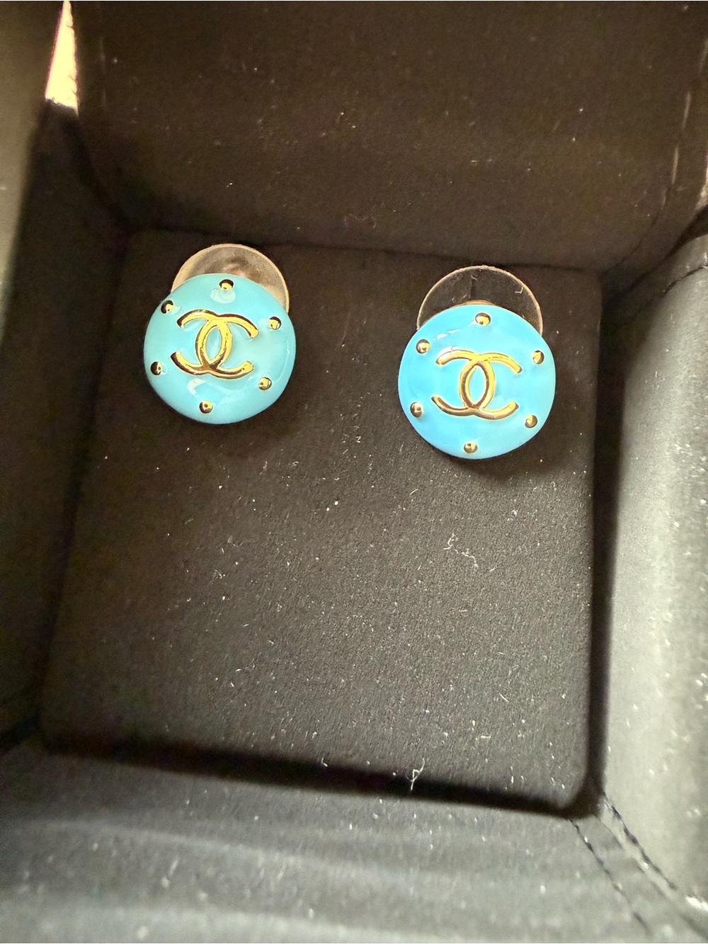 CHANEL Turquoise Enamel Gold CC Button Earrings & Chanel Keyring Charm for free - Picture 6 of 7